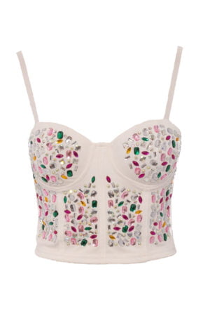 Śliczny biały gorsecik z kolorowymi kamieniami