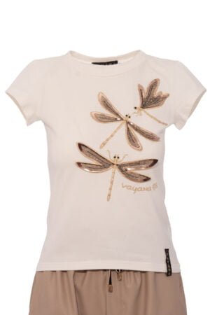 Biała koszulka ze złotymi ważkami 3D