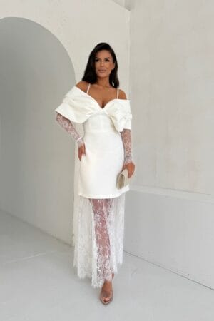 Biała sukienka z odpinanymi koronkowymi rękawami + koronkowa spódnica. Rozmiary: 36, 38, 40, 42, 44, 46